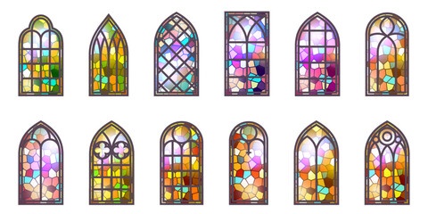 Gothic stained glass windows. Church medieval arches. Catholic cathedral mosaic frames. Old architecture design. Vector set