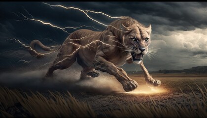 Action shot of a lightning fast and ferocious lioness running in a safari, Generative ai