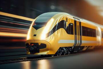 Fototapeta na wymiar Futuristic high speed train in yellow color concept. Generative ai illustration