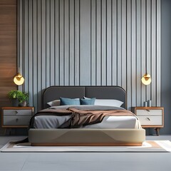 A simple and modern bedroom with a sleek bedframe and bedside table2, Generative AI