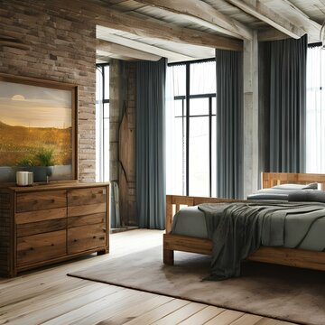 A Rustic And Trendy Bedroom With Distressed Furniture And A Wooden Bedframe3, Generative AI