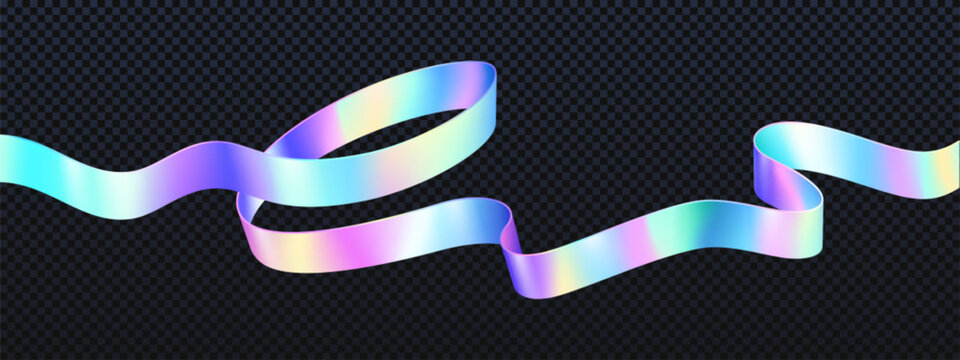 Holographic ribbon swirl wave line isolated vector on transparent background. Iridescent neon foil hologram shape with gradient. Dynamic pink, blue and purple pastel trendy splash curve.