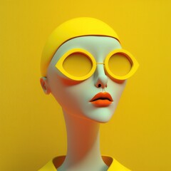 Curiosity: woman with an inquisitive expression and raised eyebrows against a bright yellow wall, embodying a spirit of curiosity and exploration digital character avatar AI generation. - obrazy, fototapety, plakaty