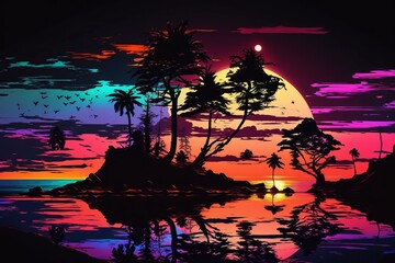 Sunset over the sea - looking into the bay - Silhouette of Palm Trees - Generative Ai Illustration  