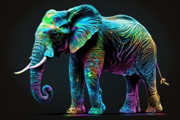 Obraz premium Elephant Illustration in bright neon colors - Isolated Black Background - Generative AI Illustration