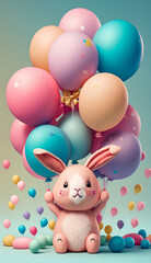 Fototapeta na wymiar Pink bunny holding floating colorful balloons on light blue background. Generative AI.