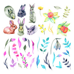 Naklejka premium Set cute bunnys with flowers, isolated white background, hand drawing, easter bunnies, watercolor painting, kids animals, holiday card, poster for children.