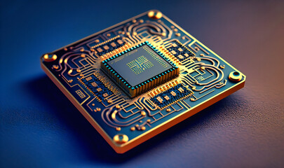 A tiny square microchip with an intricate pattern of gold wiring and electronic components