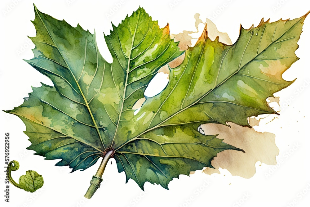 Sticker Grape leaf painted in watercolor. An integral part of raster layouts. Generative AI