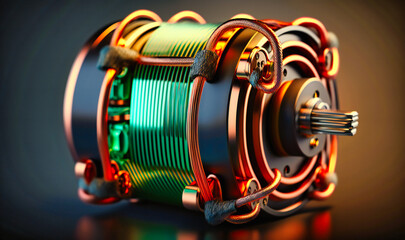 A close-up of copper wires wrapped around a metal cylinder, forming an electric motor coil - obrazy, fototapety, plakaty