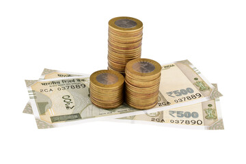 Indian currency paper note with coin isolated on white background with clipping path