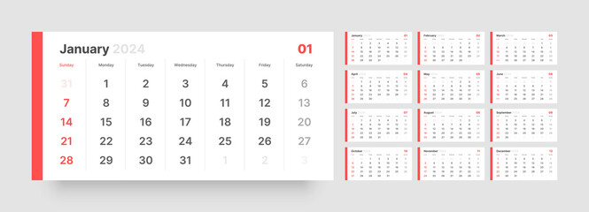 Quarter calendar template for 2024 year. Wall calendar in a minimalist style. Week Starts on Sunday. 