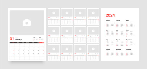 Monthly calendar template for 2024 year. Wall calendar in a minimalist style. Week Starts on Sunday. Diary planner template with place for photo.