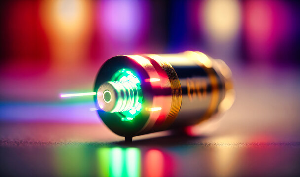 A small cylindrical laser diode producing a narrow beam of light