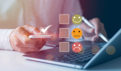 Businessman choosing feedback symbols on the icon from Negative to Positive review, poor to excellent, hate to love, best quality, Client's Satisfaction Surveys, Customer service evaluation concept