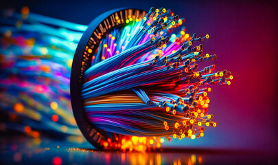 A thin, flexible cable with glass fibers transmitting data through light signals
