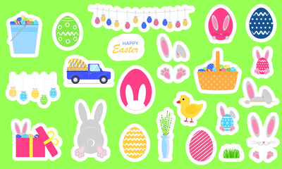 Set of stickers for Easter. Bright Easter symbols as rabbit, bunny, egg, spring, chick. Vector illustration