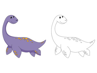 Funny cartoon dinosaur Plesiosaurus. Illustration for coloring book