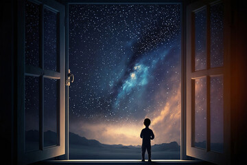a child looking at the sky and stars from his bedroom, midnight time, idea for imagination and dream concept, Generative Ai