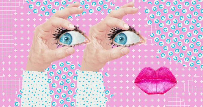 Modern loop collage animation. Funny absurd hand, eyes and lips
