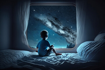 a child looking at the sky and stars from his bedroom, midnight time, idea for imagination and dream concept, Generative Ai