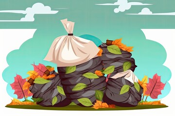 Garbage bags piled high on a leafy backdrop. Generative AI