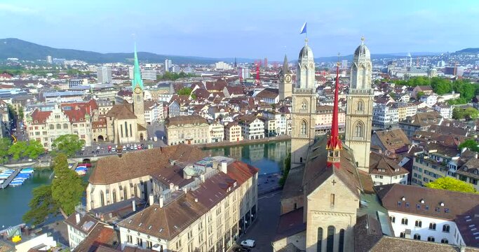 aerial zurich switzerland orbit church europe bridge clock architecture tourist