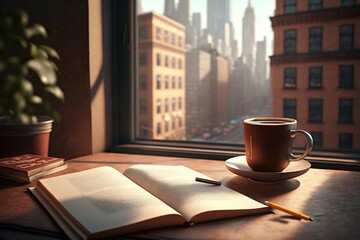 enjoy coffee and read or write a book with a view of the city buildings - obrazy, fototapety, plakaty