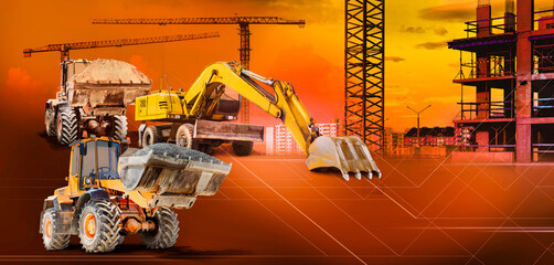 Excavator and two bulldozer loader close-up on orange industrial background. Construction equipment...
