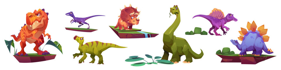 Cartoon dinosaur isolated vector character set. Prehistoric triceratops, stegosaurus and tyrannosaurus jurassic lovely clipart collection. Big adorable dino beast game design for kindergarten mascot. © klyaksun
