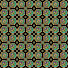 Multi-colored circle drawing, Black background, Circular pattern, Design, Used as background.