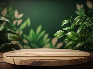 A panoramic banner mockup of a realistic wood table with a green wall background, sunlit window casting leaf shadows, and a blurred indoor green plant foreground.