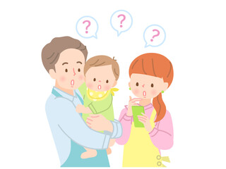 スマホで検索する赤ちゃんを抱っこしたパパと困った表情のママ