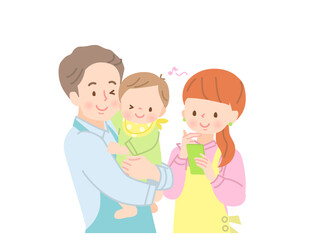 スマホで検索する赤ちゃんを抱っこしたパパと笑顔のママ