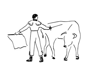 Traditional Spanish corrida. Toreador fighting a bull. Simple black outline vector drawing. Ink sketch.