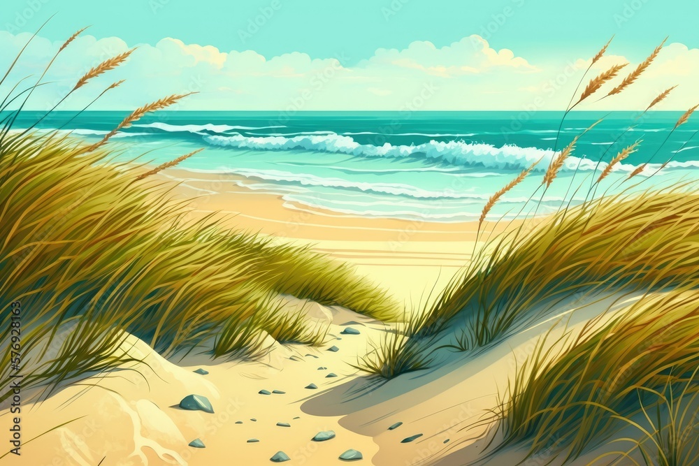 Canvas Prints Seascape with dunes and sea grass. Image of golden beach grass on a pastel beach. Generative AI