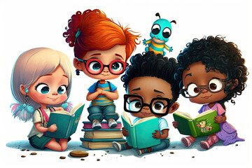 Girls and boys sitting reading books, cartoon style, generative AI  finalized in Photoshop by me 