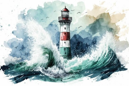 The image is a watercolor depiction of a lighthouse in a stormy blue sea with white sea foam and splashing water. Generative AI