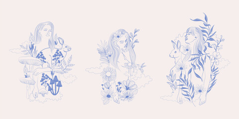 Fototapeta na wymiar Collection of line art illustrations with beautiful woman Nymphs surrounded by wild animals and plants. Editable vector illustration.
