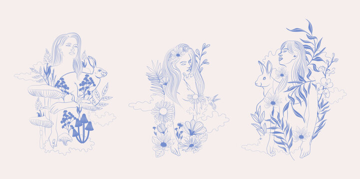Collection of line art illustrations with beautiful woman Nymphs surrounded by wild animals and plants. Editable vector illustration.