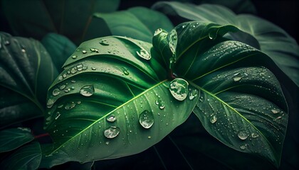 Fototapeta premium A close up of a green leaf with water droplets on it. Green leaf background. Generative AI, Generative, AI