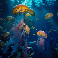 Colorful Jellyfish underwater. Jellyfish moving in water. illustration, Generative, AI, Generative AI
