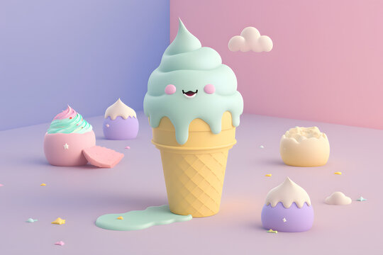 Tiny cute isometric design delicious ice cream emoji 3d render made with Generative AI