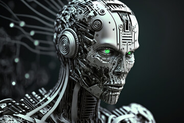 Silver metal humanoid robot with printed circuit boards and mechanical parts.  Generative AI.