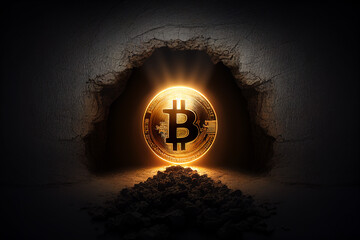 Golden bitcoin mining in deep  mine cave, Generative AI.