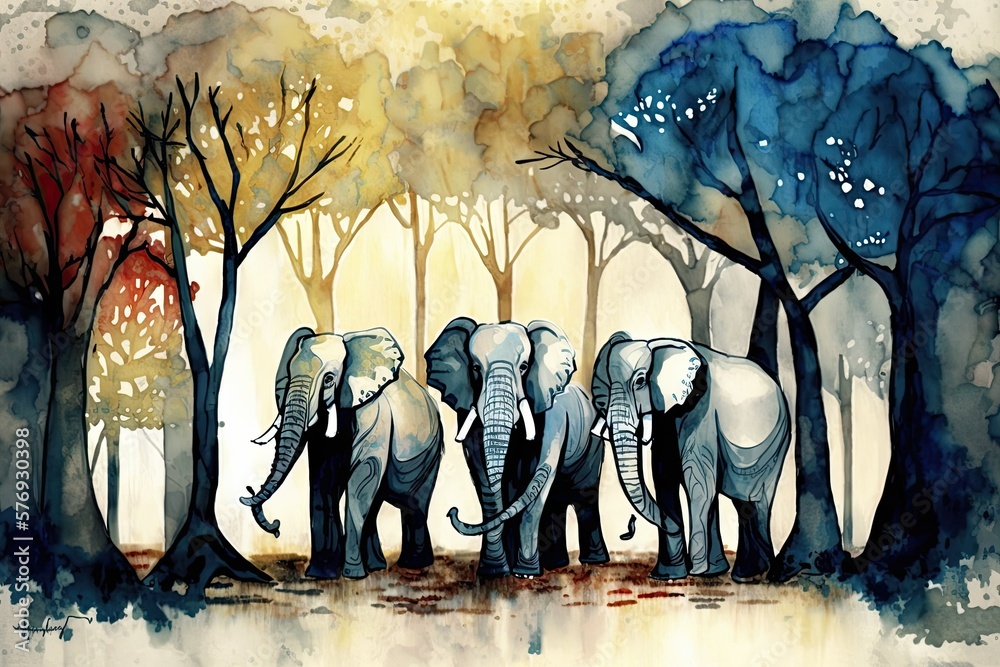 Canvas Prints elaphatians in watercolor. pictured here is a stunning painting of elephants in the woods. generativ