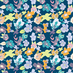 Flower repeat seamless pattern for fabric. Blooming flowers in spring. Scribble trendy background