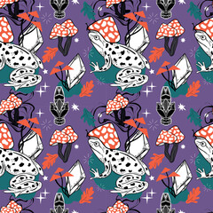 Psychedelic trippy seamless pattern with magic frogs in mushroom hats. Vector cartoon character illustration design.