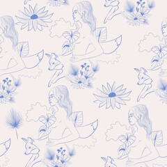 Seamless pattern with Beautiful woman surrounded by plants and animals. Nymphs in the forest. Nature, flowers and animals. Editable vector illustration