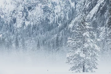 Crédence de cuisine en verre imprimé Half Dome Yosemite national park in California during winter season with snows and ice dramatic sunset colorful sky Chapel half dome winter storm blizzard